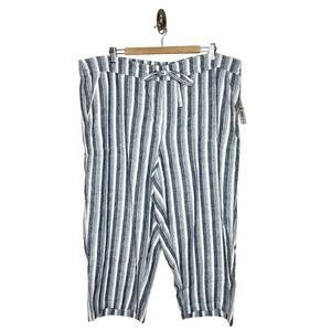 Per Se Striped Wide Leg Cropped Linen Blend Pants Black White Womens 2X